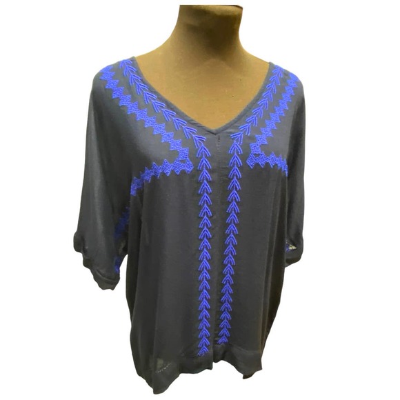 Olive and Oak Navy Boho embroidered short sleeve blouse size Small - Picture 3 of 10